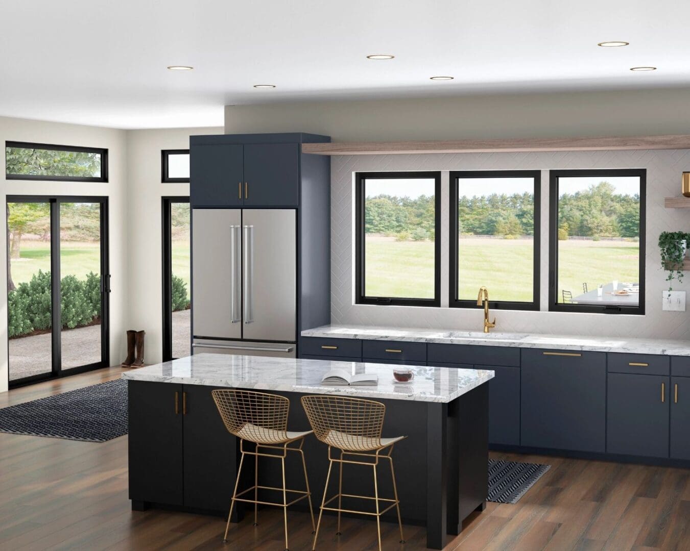 A kitchen with a large window and wooden floors