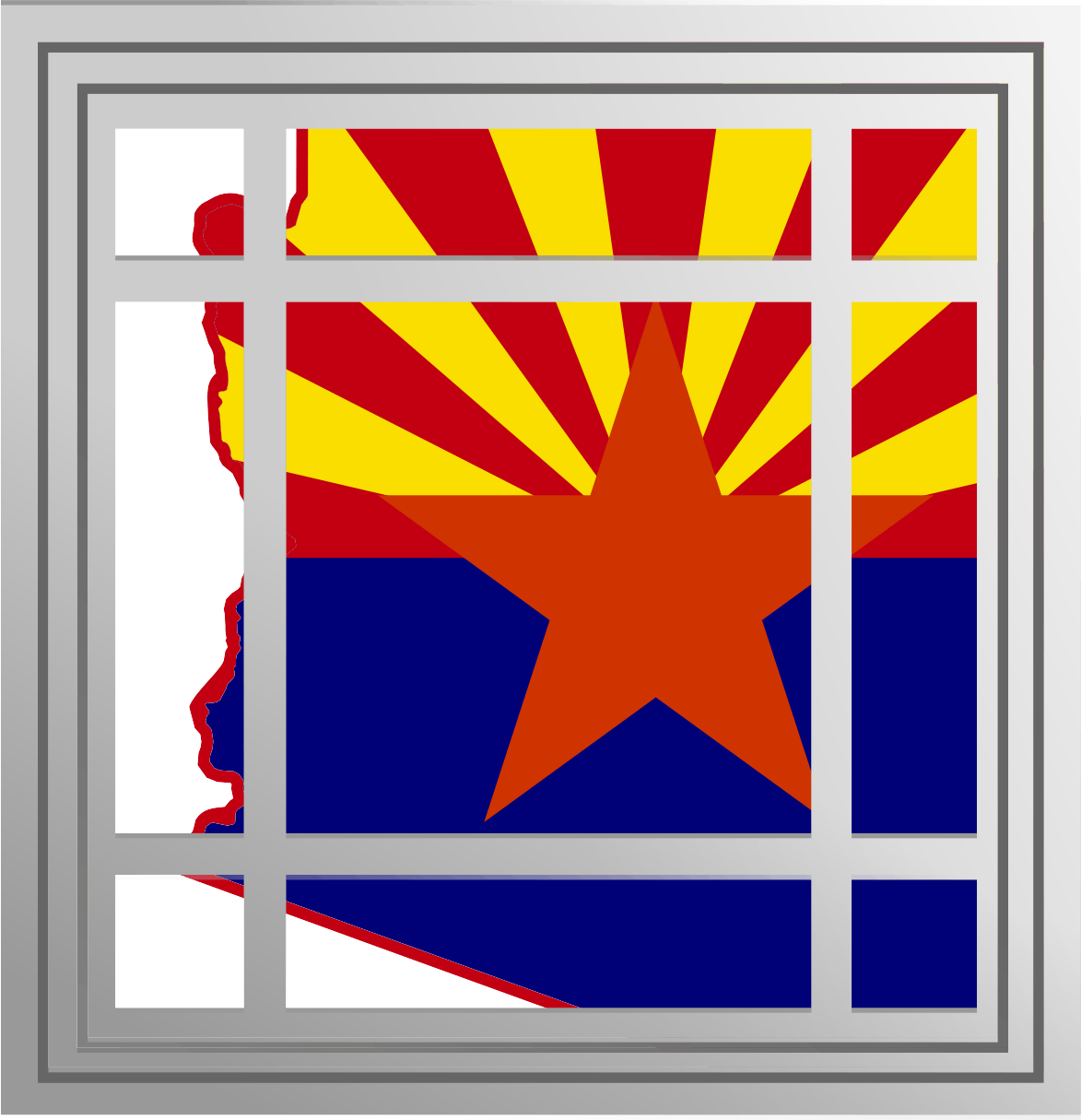 A window with the arizona flag in it.